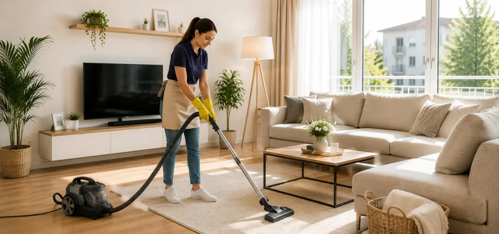 Jemand, der das Wohnzimmer staubsaugt – moderner Staubsauger, aufgeräumter Raum, natürliches Licht. Assoziation mit einer regelmäßigen Routine.