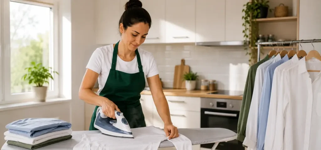 Ev hizmetlisinin görevlerinin bir parçası olarak çamaşır ütülemek.